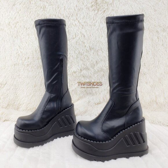 Stretch Platform Wedge Heel Knee Boots Goth Punk - Picture 1 of 9